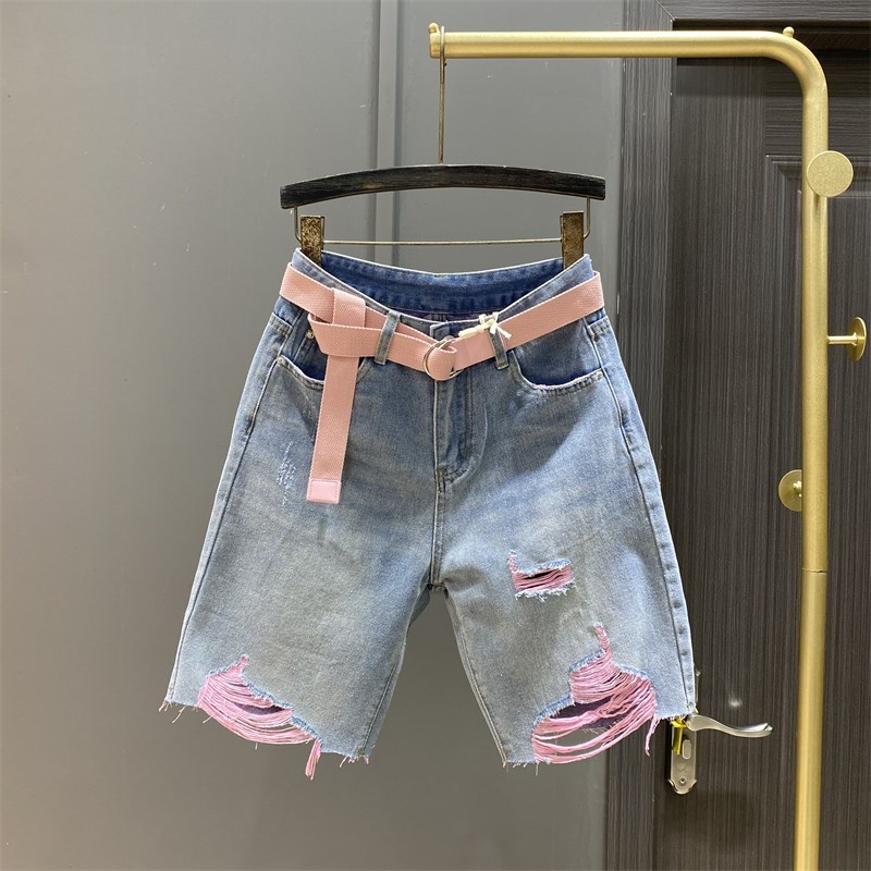 欧货2025夏季新款时尚彩色乞丐破E烂牛仔五分裤女宽松显瘦阔腿中