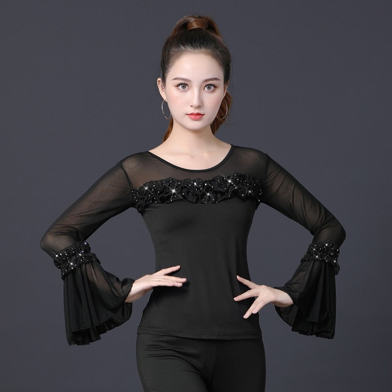 精选春秋新款拉丁舞服装成人女红A色摩登交谊舞上衣喇叭袖跳舞衣