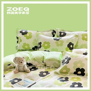 韩国ZOEQ新款 床上用品被套床单床笠 全棉纯棉四件套简约风绿色时尚