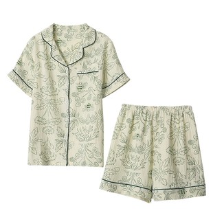纯棉纱薄款 短裤 森系印花全棉绉布翻领家居睡眠服 睡衣女生短袖 夏季