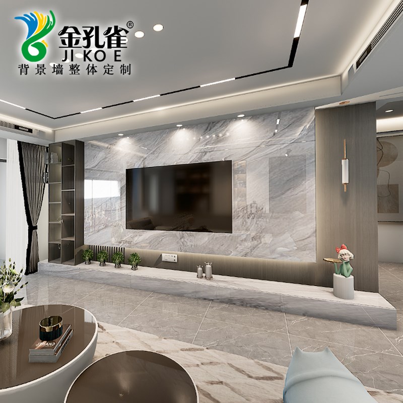 2022新款岩板大板电视背景墙瓷砖客厅高级灰悬空格栅影视墙岩板