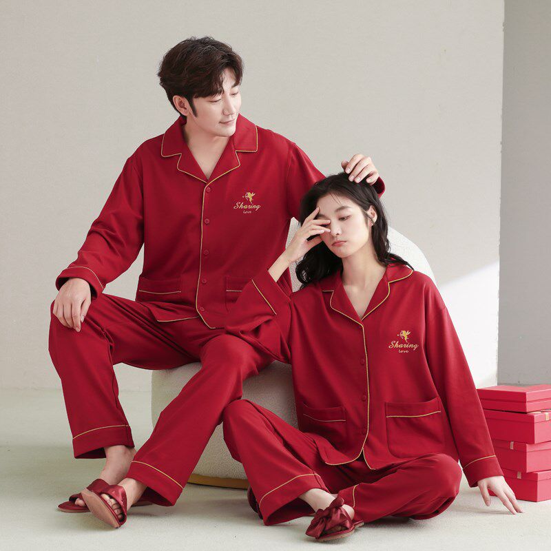 新婚睡衣男女秋季新款红色长袖长裤新娘婚用睡衣新婚情侣套装
