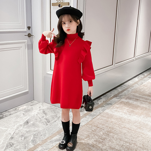 女童过年洋装20l23新款洋派儿童针织裙子冬装红色女孩打底毛衣裙