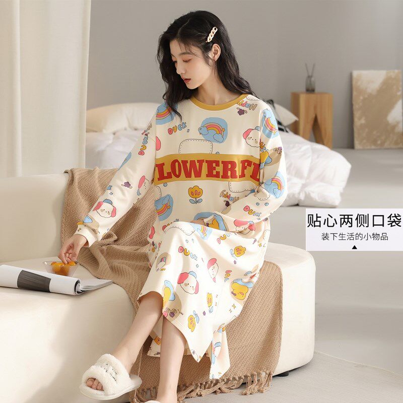 网红卡通睡裙女春秋长袖束口高级感可外出睡衣裙中长款家居裙