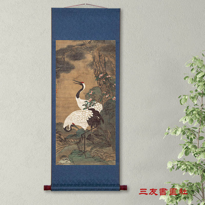 童垲松鹤延年图立轴国画仙鹤松树明代仿古吉祥画真迹微喷复制卷轴