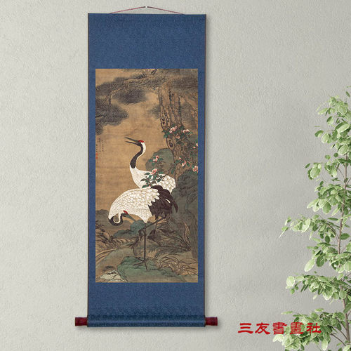 童垲松鹤延年图立轴国画仙鹤松树明代仿古吉祥画真迹微喷复制卷轴
