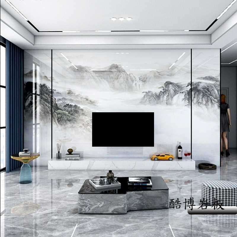 瓷砖电视背景墙效果图高温微晶石岩板现代简约客厅石材大板沙发墙