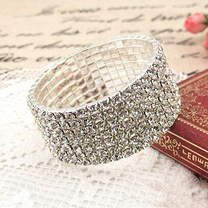 韩版个性玫瑰银色百搭宽手镯女满钻弹力宽手链夸张手饰品学生简约