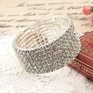 韩版个性玫瑰银色百搭宽手镯女满钻弹力宽手链夸张手饰品学生简约