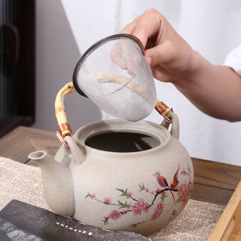 日式粗陶提梁壶单壶700ml带过滤网泡茶壶餐厅水壶办公家用大茶壶