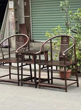 老挝大红酸枝木圈椅红木家w具椅子 交趾黄檀木圈椅三件套皇宫椅