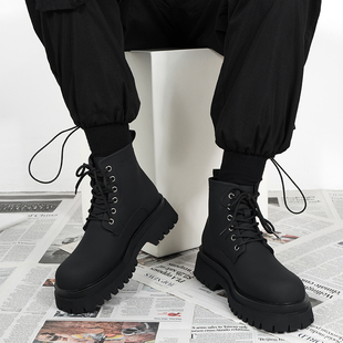 马丁靴男款2023新款秋冬季英伦风高帮皮鞋厚底增高黑色中帮皮靴子