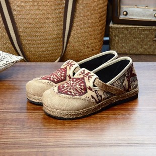 夏季亚麻布鞋男生一脚蹬懒人鞋民族风情侣鞋透气草编中国风古代鞋