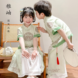女童汉服重工刺绣男童古装 中国风民族朗诵国学服古装 儿童唐装 夏季