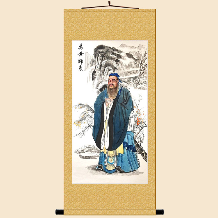 孔子万世师表图 儒家人物画像 复古书房教室装饰画 绢布卷轴挂画图片