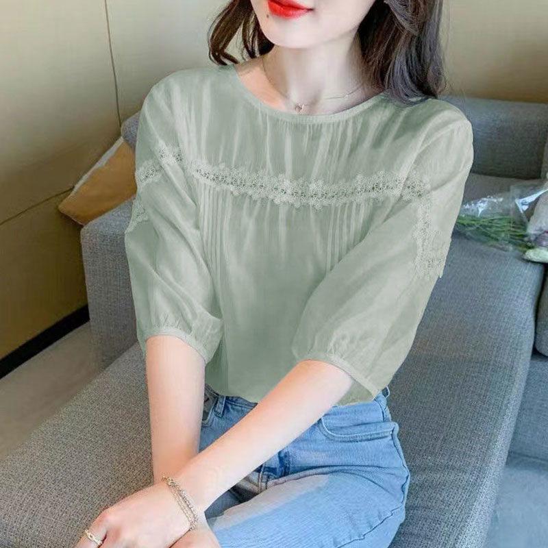 拼接蕾丝套头衬衫女夏季2023新款大码宽松泡泡袖衬衣气质短袖上衣