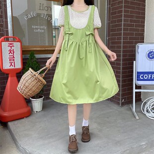 女大童连衣裙夏季韩版偏胖女孩12中学生13岁甜美少女假两件背带裙