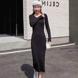 中长款连衣裙女冬季加厚毛衣裙子B过膝针织大衣打底配秋的内搭黑