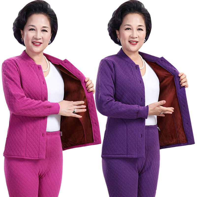 老年人加绒加厚保暖内衣女妈妈奶奶开衫开襟对开秋衣秋裤套装