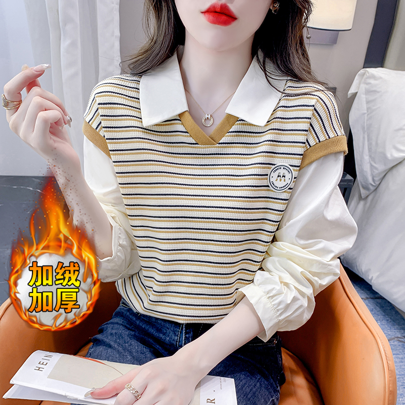 哺乳上衣长袖秋冬外出时尚条纹针织衫休闲百搭产后哺乳.小衫假两