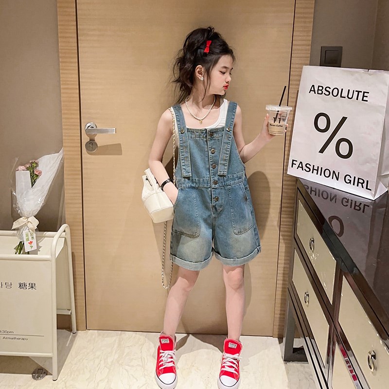 速发女童牛仔背带裤子夏款套装2024新款中大儿童女孩夏季宽松洋气