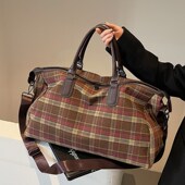 短途手提旅行包女大容量2025新款 出差行李包方格呢子布单肩通勤包