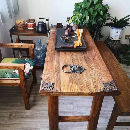 老榆木门板茶桌原木茶台风化实木旧木板桌子复古怀旧X吧台桌椅定