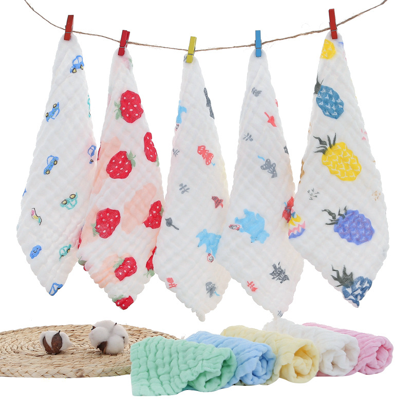 5条纯棉儿童小方巾6层褶皱手帕婴D儿小毛巾六层纱布口水巾印花手