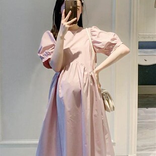 孕妇连衣裙女夏季l新款韩版粉色气质泡泡袖宽松显瘦纯色中长款裙