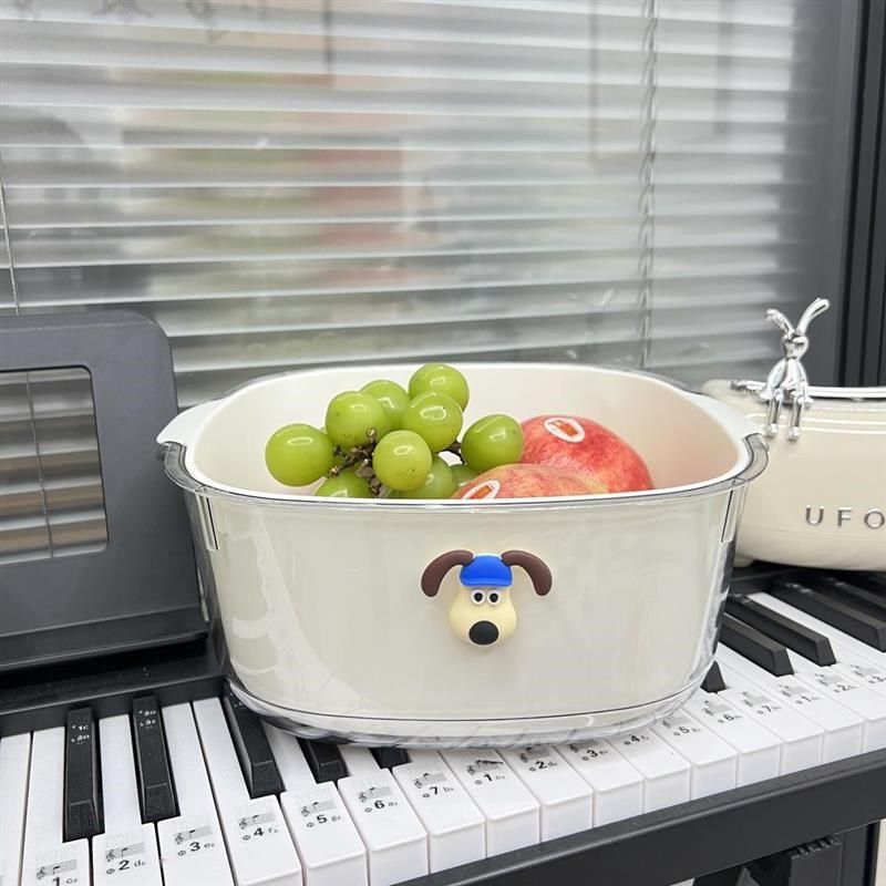 奶油风双层沥水篮透明狗狗贴高颜值果蔬洗菜篮家用加厚滤水果盘,餐饮具,果盆/果盘/果篮,淘宝优惠券,粉丝福利购,淘宝优惠卷
