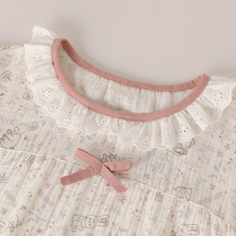 『蓝鸢花兔』甜美小碎花纯棉纱布睡衣女款夏季春秋长袖睡裙家居服