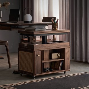 实木升降茶几可移动折叠推车黑胡桃木旋转边柜小户型客厅沙发边几