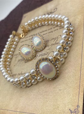 青岛饰品复古马贝珍珠项链耳钉耳夹赫本风优雅旗袍颈链锁骨链套装