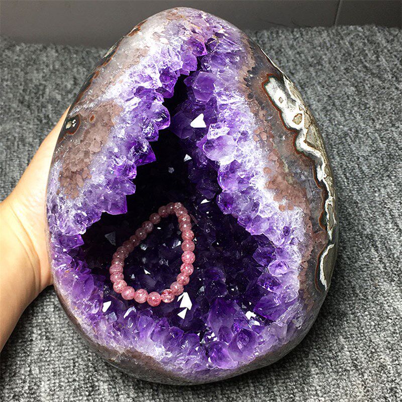 天然紫水晶洞恐龙蛋形心形聚宝盆紫晶簇钱袋子玄关桌面装饰品摆件