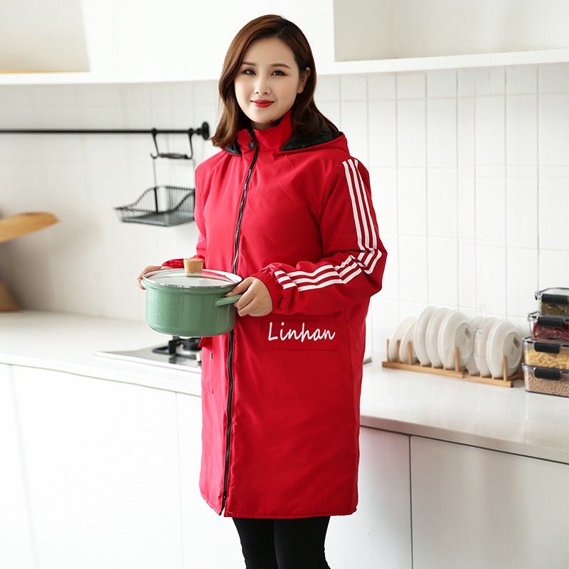 新款加绒罩衣大人女加厚时尚工作服冬季防水家用厨房长袖围裙冬天
