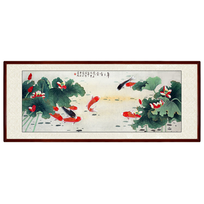 纯手绘国画小六h尺九鱼荷花图客厅办公室锦鲤横版挂画画芯卷轴字