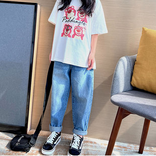 子老爹 女y大童休闲洋派宽松小脚罗卜长裤 女童牛仔裤 春秋2023新款
