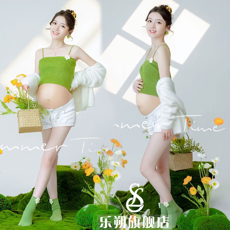 新款影楼孕妇主题服装日系准妈妈拍D照清新时尚宽松针织孕妇照衣
