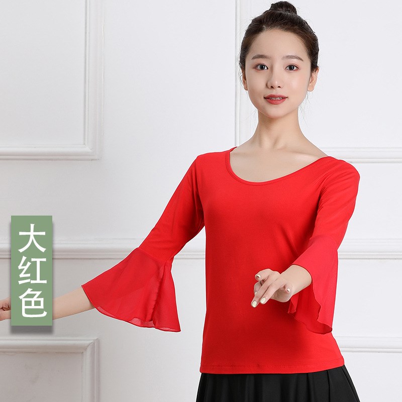 小众高货舞蹈服装女新款广场舞喇叭袖成人跳舞纱袖上衣飘逸露背