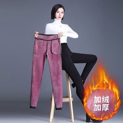 秋冬加绒中年妈妈小个子外穿打底裤女九分休闲黑色裤子加厚小脚裤
