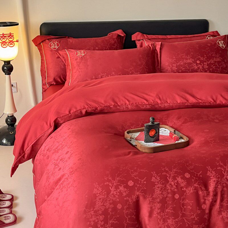 高级感中式提花结婚四件套红色全棉床单被套婚嫁床笠床上用品,床上用品,婚庆床品套件,淘宝优惠券,粉丝福利购,淘宝优惠卷