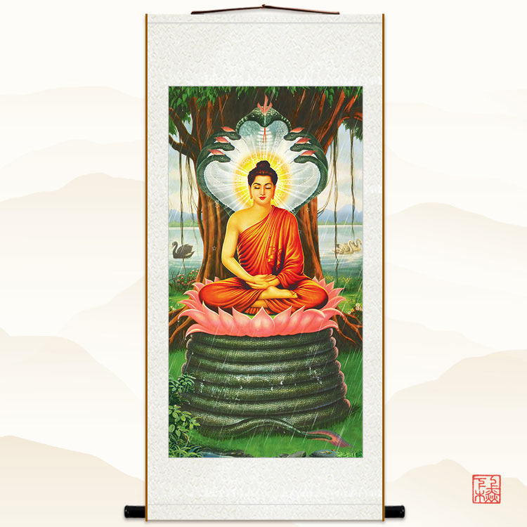 菩提树下蛇王挡雨成佛图 释迦牟尼佛画像 印度佛像画佛堂卷轴挂画