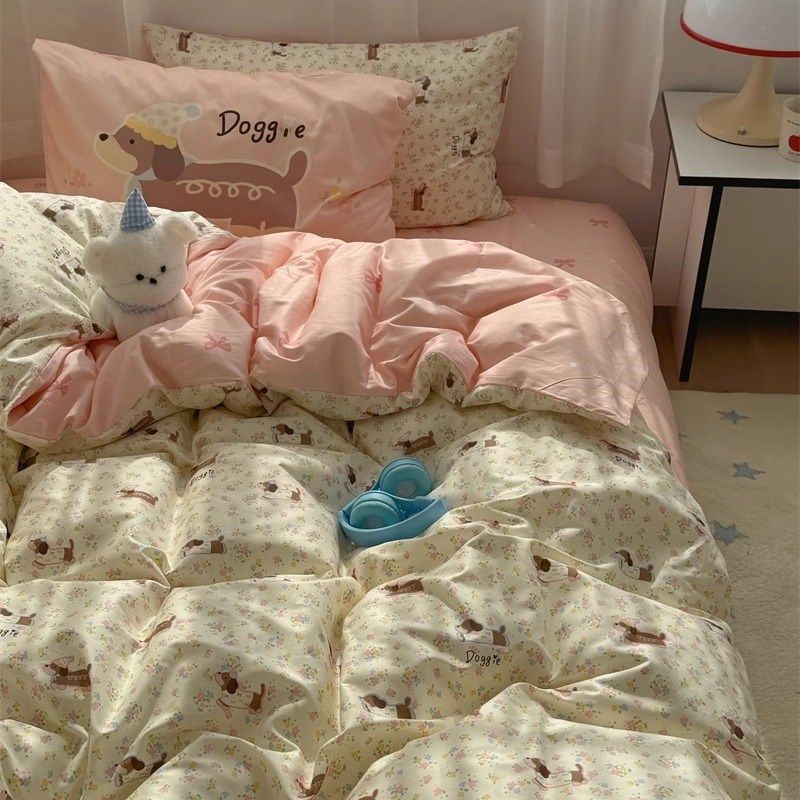 梨梦 小花狗狗 可爱四件套全棉床单被套床笠单人宿舍床上用品,床上用品,床品套件/四件套/多件套,淘宝优惠券,粉丝福利购,淘宝优惠卷
