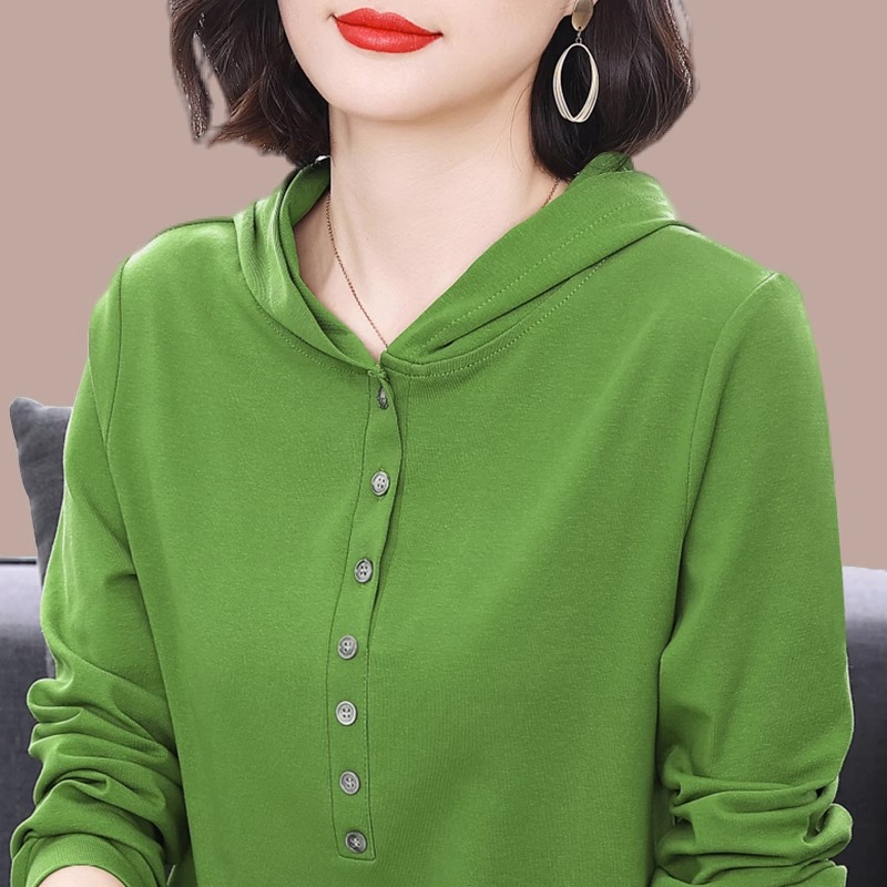 纯棉长袖t恤女士2023春秋新款洋派宽松大尺码连帽打底衫修身短上