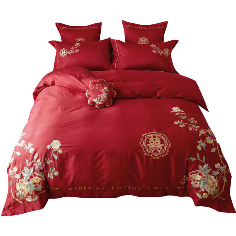 浪漫现代风婚庆100支澳棉全棉四件套刺绣大红色被套床上用品结婚,床上用品,婚庆床品套件,淘宝优惠券,粉丝福利购,淘宝优惠卷