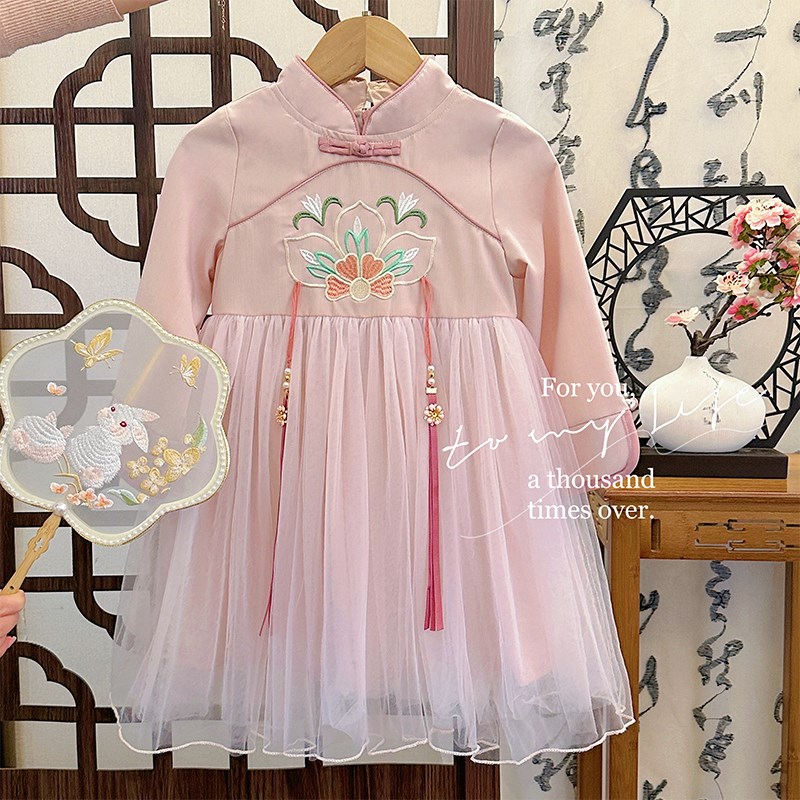 女童汉服连衣裙春装2024新款中国风旗袍裙洋气儿童W超仙蓬蓬网纱