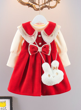 女童秋冬洋装宝宝加绒打底衫红色背心裙婴儿周岁新年礼服裙套裙