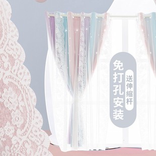 窗帘杆一整套遮光2021年新款 卧室飘窗窗帘免打孔安装 公主风遮阳布