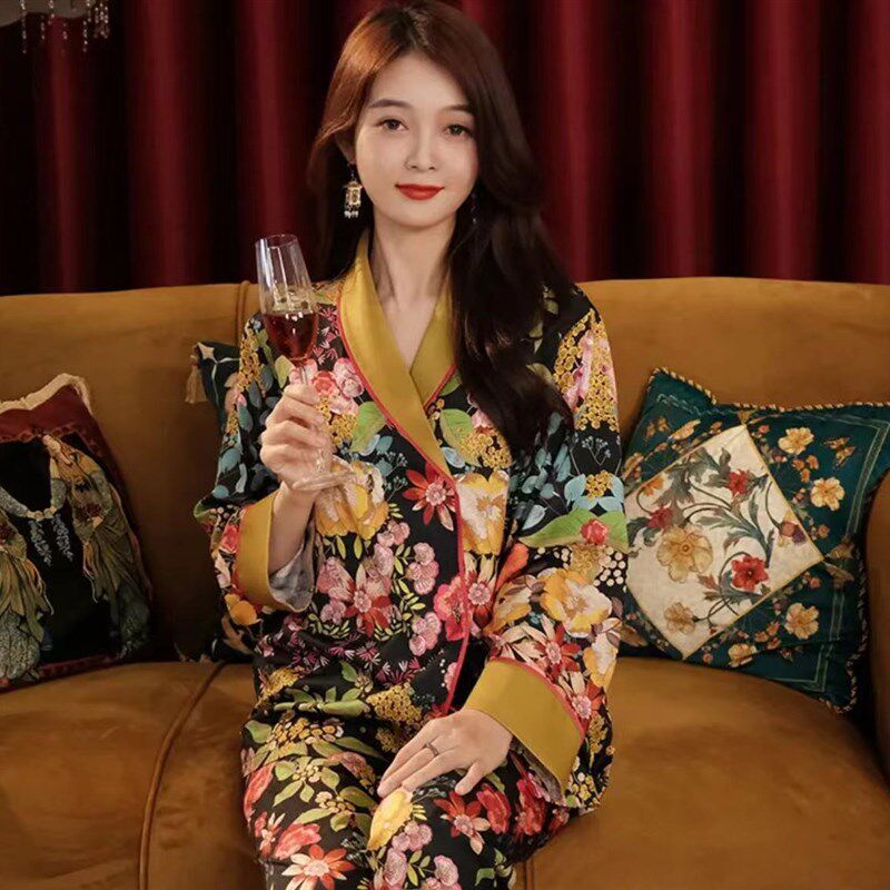 玫瑰丝绸睡衣女2025春季新款高级感睡衣女流光软丝绸气质家居服女