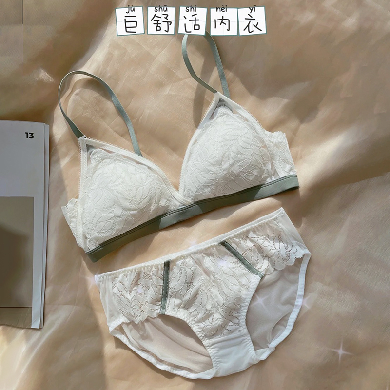 纯欲三角杯法g式内衣女无钢圈胸罩小胸平胸蕾丝文胸套装夏季超薄